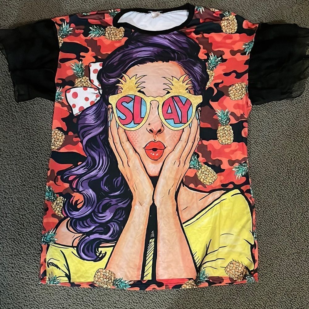 Minette 1XL T shirt with SLAY on front pineapples on back with ruffles sleeves